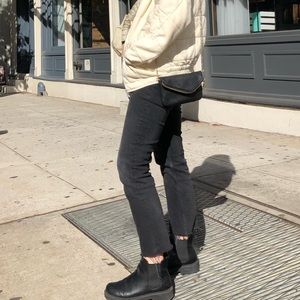 Free People Straight-Leg Raw Hem Black Denim Jeans